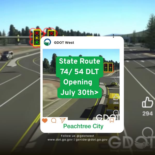 Peachtree City Displaced Turn Lanes to Open July 30, 2026